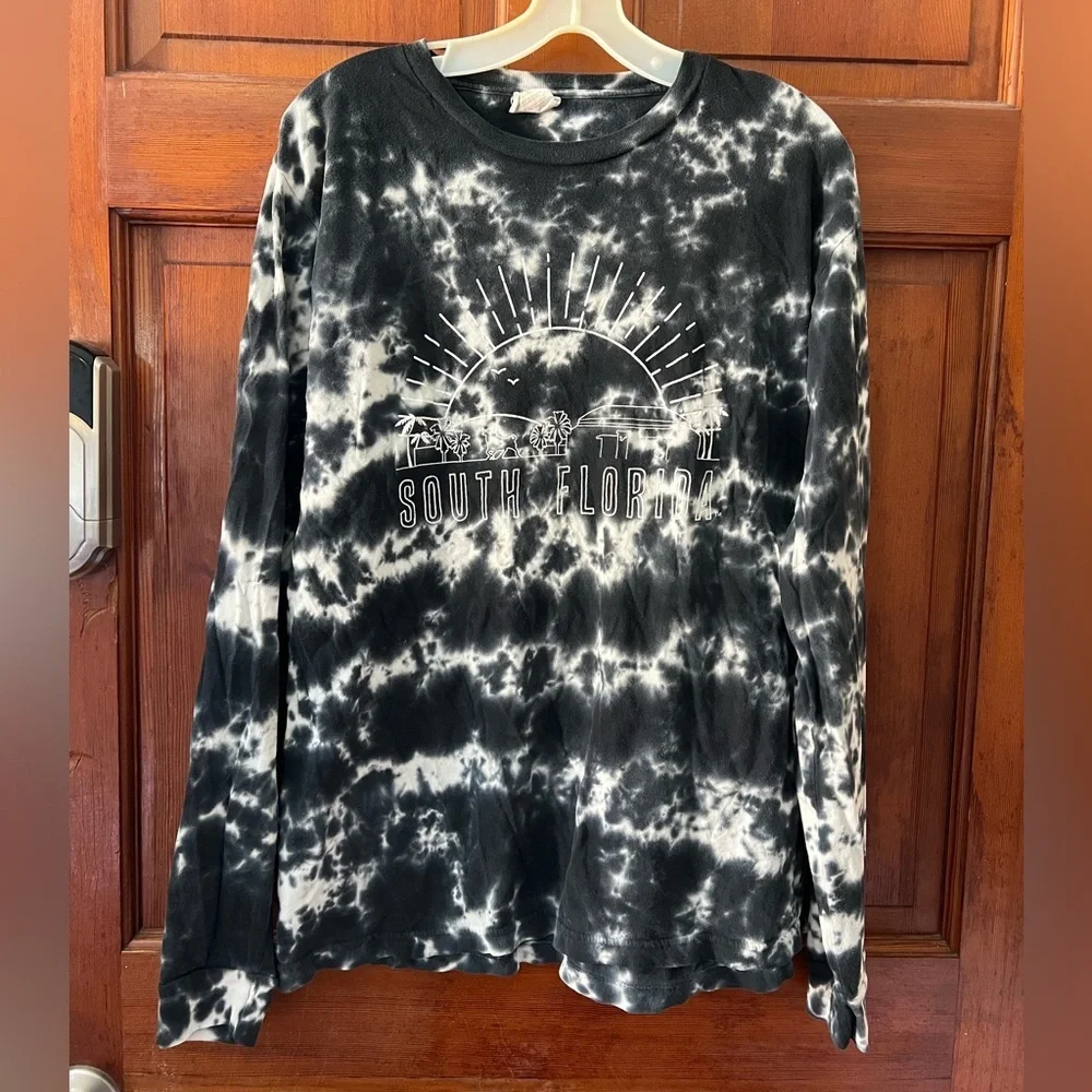 Threadfast South Florida Tie Dye Long Sleeve Tee Black White Size Large